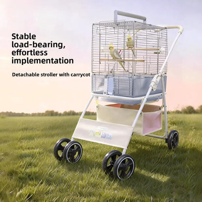 Foldable Lightweight Parrot Stroller Outdoor Travel Pet Carrier with Storage Space