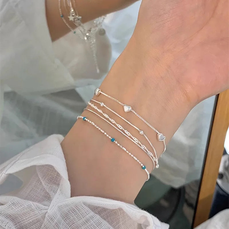 VENTFILLE 925 Sterling Silver Line Extremely Fine Bracelet for Women Love Haert Bead Korean Ins Sweet Jewelry Gift Dropshipping