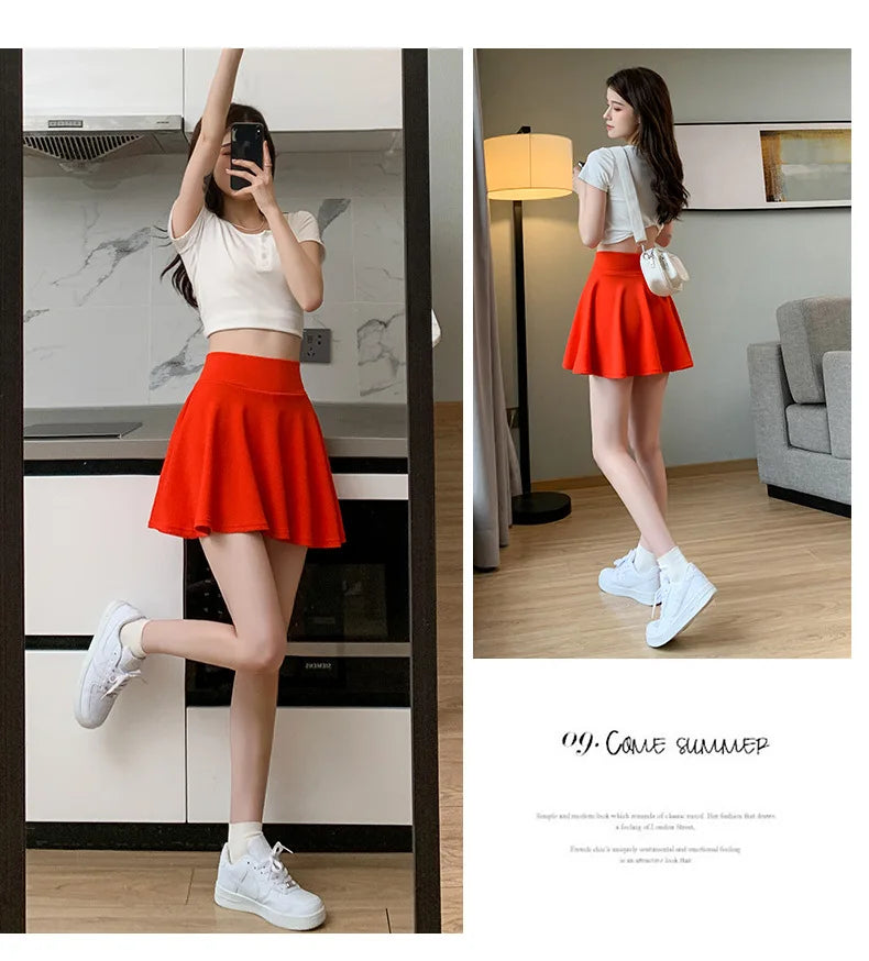 Summer Basic Skirts Women Shorts Mini Elastic Pleated Skirts High Waist Bubble Sun Skirts School Girl Uniform Lined Safety Pants