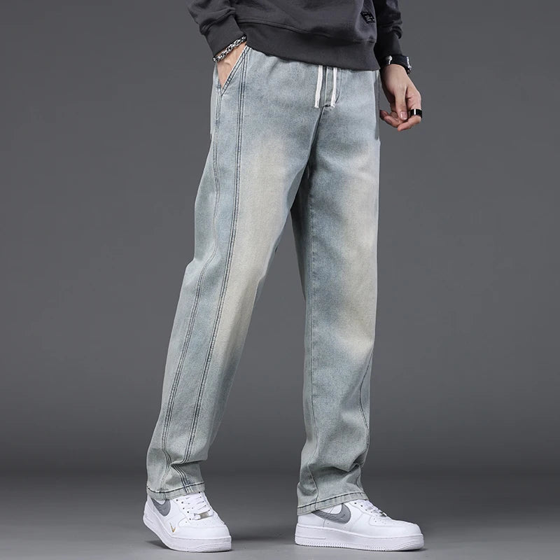 Autumn Winter Blue Jeans Men Drawstring Elastic Waist Cotton Cargo Denim Pants Work Fashion Thick Trousers Male Plus Size M-4XL