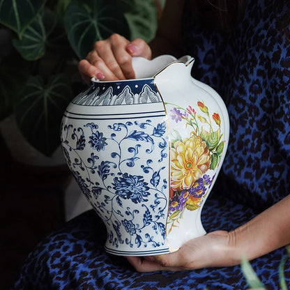 Splicing Light Luxury Antique Style Ceramic Vase Creative European Vintage Flower Vase Arrangement Living Room Desktop Ornaments