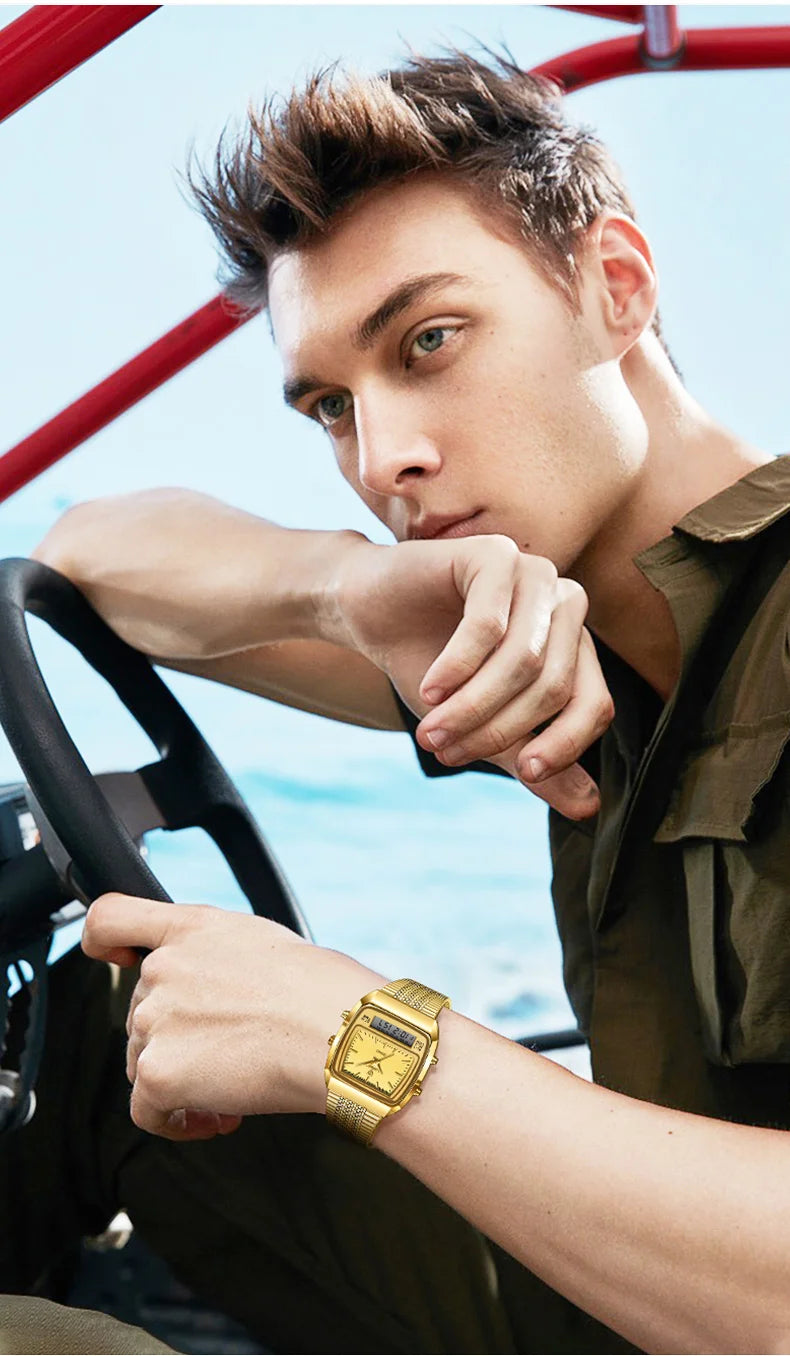 New Fashion Casual Watch Men Digital Dual Time Week Gold Sport 3bar Waterproof Quartz Wristwatches Clock relogio masculino L1030