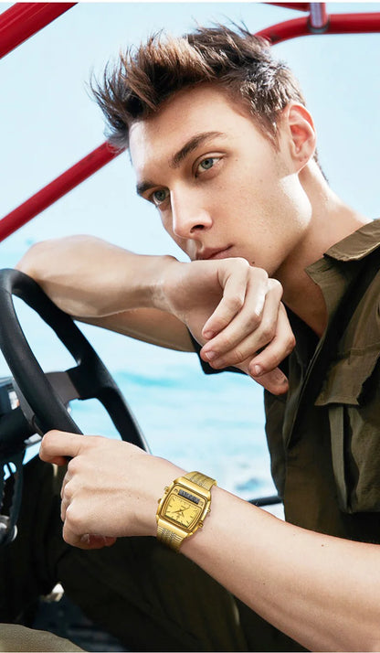 New Fashion Casual Watch Men Digital Dual Time Week Gold Sport 3bar Waterproof Quartz Wristwatches Clock relogio masculino L1030