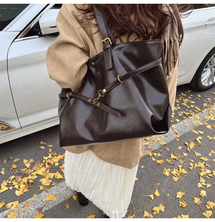 Tote Bag Designer Retro PU Leather Shoulder Handbag for Women Winter Trend Y2K Fashion Handbags Females Travel Luxury Tote Bags