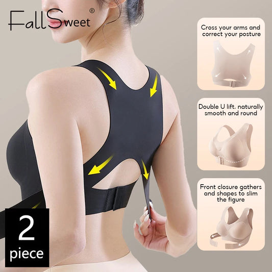 FallSweet 1/2PCS Women's Posture Correction Bras Seamless Wireless Push Up Bralette with Cross Back Support Female Lingerie