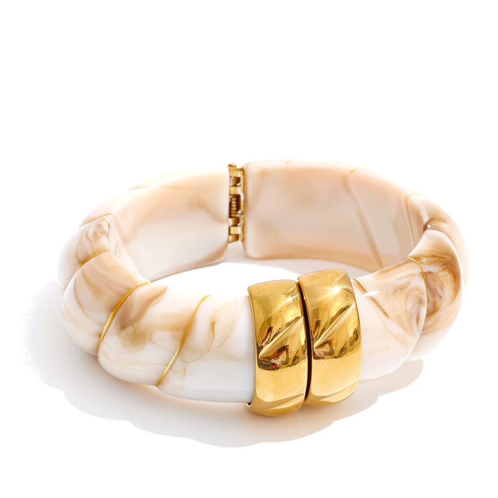 Yhpup Exclusive Multi-Color Acrylic Resin Wide Statement Bracelet Bangle Stainless Steel Autumn Winter Sweater Wrist Jewelry