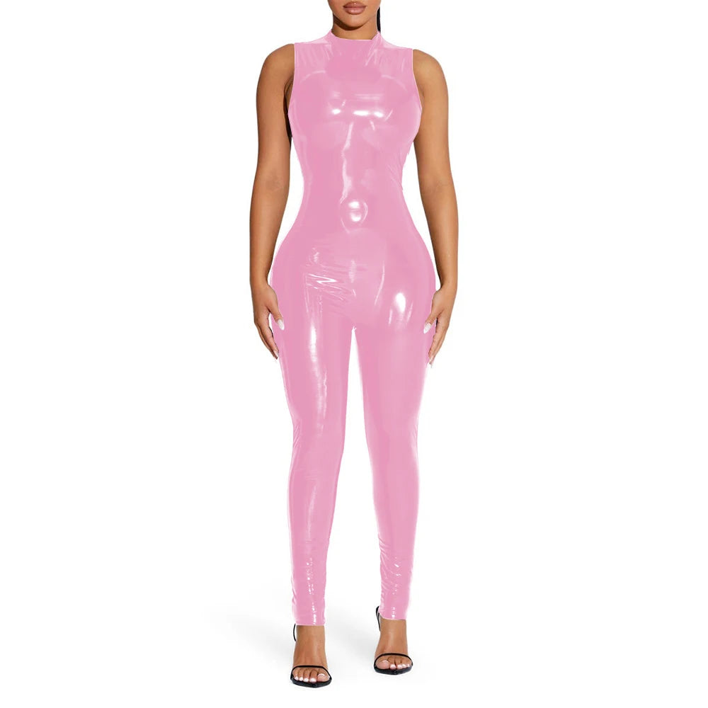 PVC Sleeveless Jumpsuit for Ladies, Wet Look, Shiny Patent Leather, O-Neck Bodycon, Tank Catsuit, Stretch Slim Rompers, Sexy