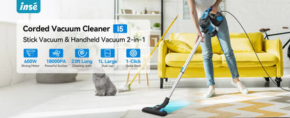 INSE Corded Vacuum Cleaner, 18000Pa Wired Stick Vacuum Cleaner Broom for Hard Floor, I5(Red, Blue)