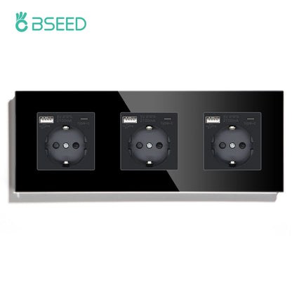 BSEED Touch Light Switch With EU USB Wall Sockets Black Wall Led Switches 1/2/3Gang 1Way Crystal Dark Blue Backlight Wall Switch