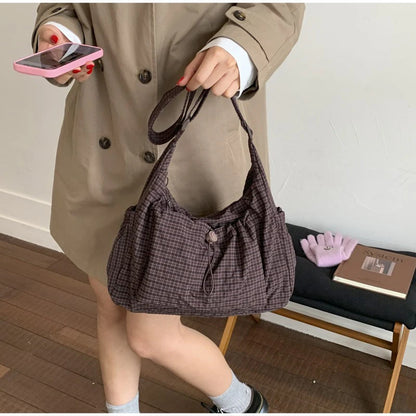 Korean Nylon Shoulder Bag Fashion Simple Plaid Zipper Tote Bag Drawstring Pleated Cloud Bag New Commuter Crossbody Shoulder Bag