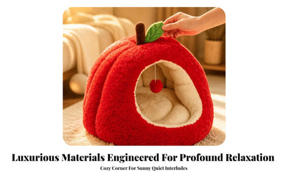 Apple-Shaped Pet Bed Cozy Enclosed Pet Bed with Removable Cushion Hideaway Cat House Warm Cat House with Cushion Soft for Cats