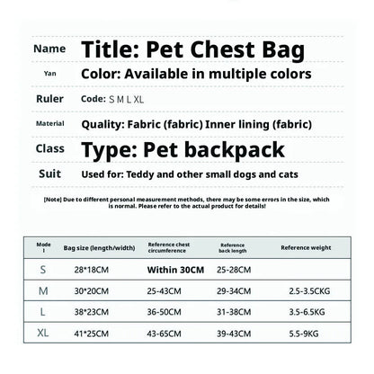 Breathable Pet Dog Cat Chest Carrier Backpack Hands-free Outdoor Travel Bag for Small Pets