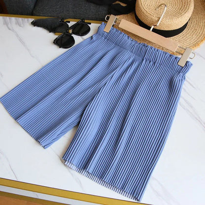 Women Casual Wide Leg Shorts 2025 Summer Elastic High Waist Pleated Shorts Woman Solid Color Loose Ice Silk Knee-Length Pants