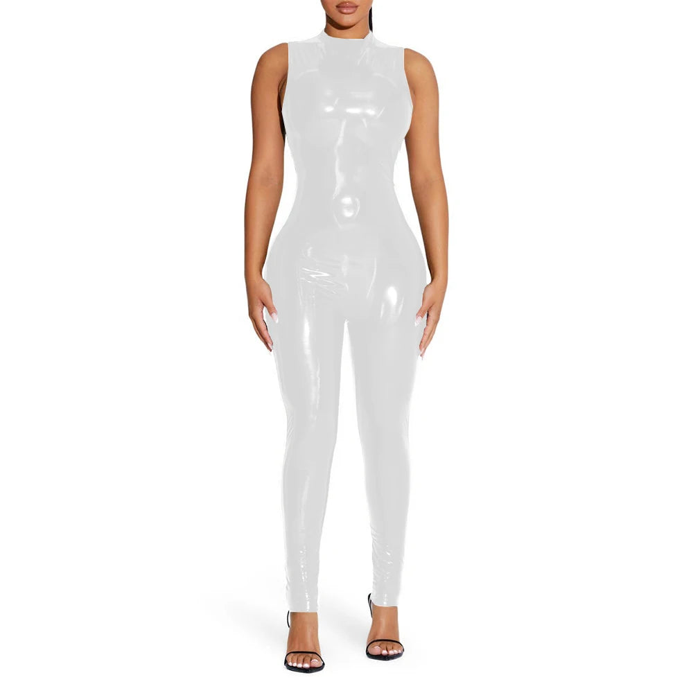 PVC Sleeveless Jumpsuit for Ladies, Wet Look, Shiny Patent Leather, O-Neck Bodycon, Tank Catsuit, Stretch Slim Rompers, Sexy