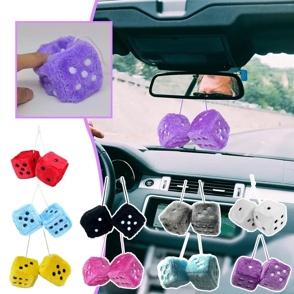 2pcs Big Long Hair Hot Stamping Dot Dice Plush Toy Cube Pendant Car Ornament Sieve Anime Car Decoration Accessories Auto Pendant