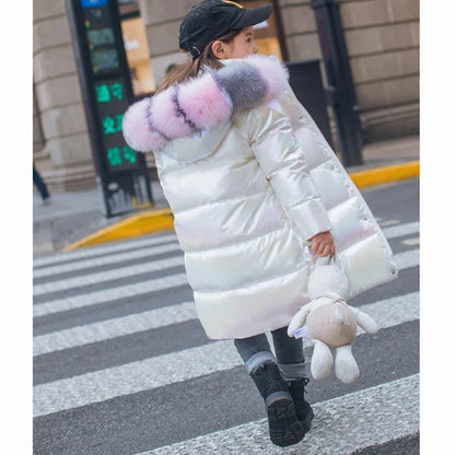 Winter Girls Shiny Hooded Down Jacket Fur Collar Windproof Coat Teenage Outerwear Kids Parka Snowsuit Clothing New 5-14 Years