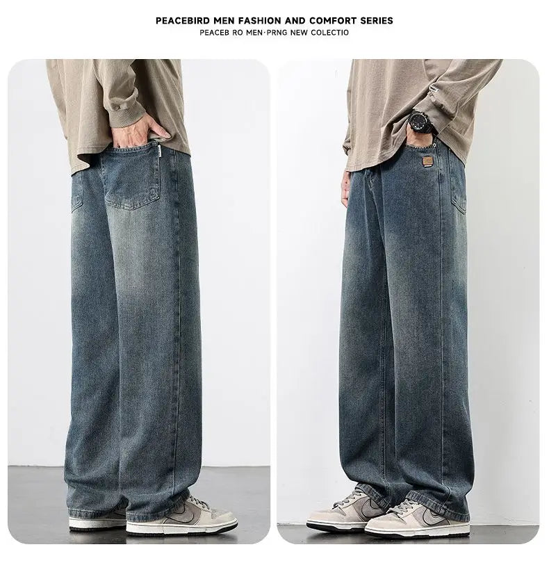 Spring Autumn New Men's Straight Vintage Fit Jeans Casual Trousers High Quality Male Korean Fashion Baggy Wide Leg Denim Pants
