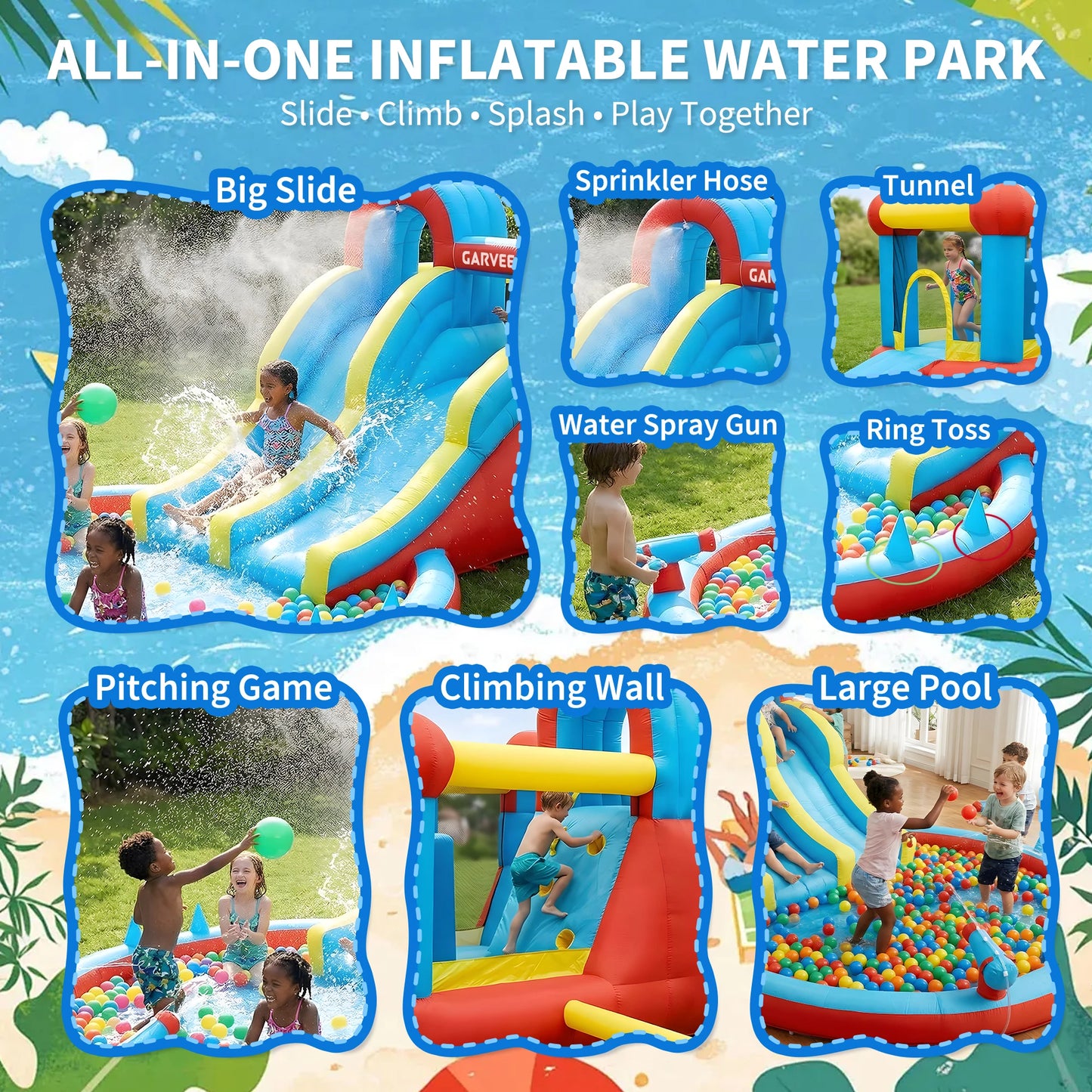 23FT All-Season Inflatable Water Slide Park, Kids Bounce House with Slide, Water Squirter, Climbing Wall and Pool for Backyard Outdoor Use