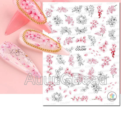 3d Nails Art Decals Spring Fruits Pink Full Tips Peony Magnolia Flowers Adhesive Sliders Stickers Decoration For Nails Manicure