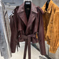 YOLOAgain Vintage Grain Leather Jacket Women Real Leather Sheepskin Jacket With Belt