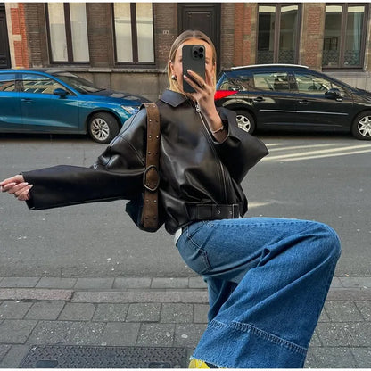 Street Women's Belt Leather Jackets Loose Lapel Zipper Long Sleeve Pockets Female Coats 2026 Autumn Lady Fashion Y2k Outwear