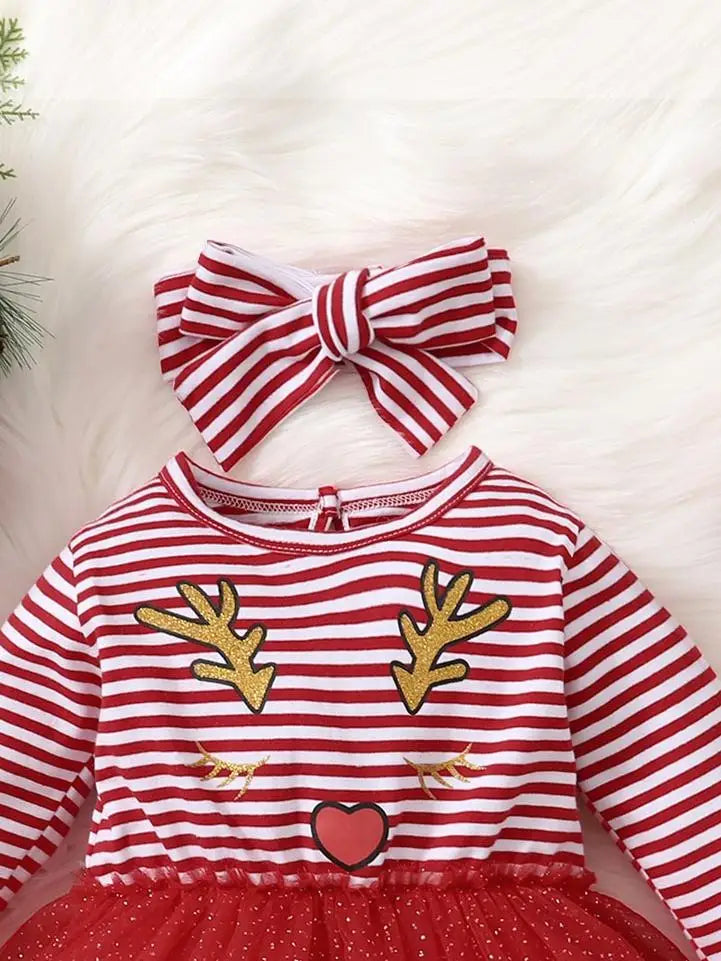 Baby Girl Autumn/winter Red Striped Christmas Deer Mesh Long Sleeved Dress