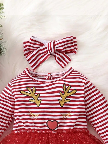 Baby Girl Autumn/winter Red Striped Christmas Deer Mesh Long Sleeved Dress