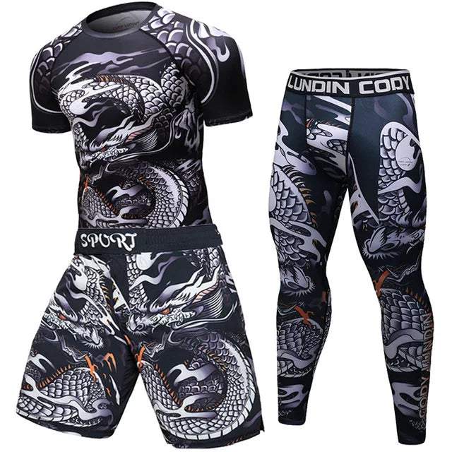 New Men Sports Jiu Jitsu BJJ Suit Gym Fitness Compression Clothes Running Jogging Sport Wear Exercise Workout Rashguard Tights