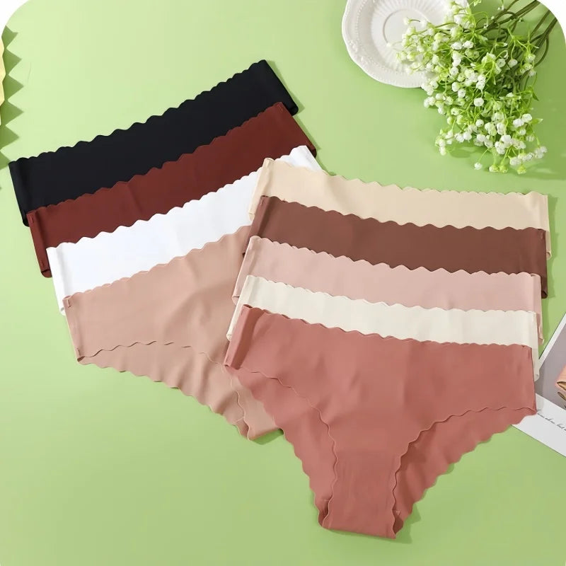 4Pcs/Set Ice Silk Mid-Rise Panties Women's Seamless Briefs Solid No Show Underwear Scalloped Edge Panties Sexy Lingerie XS-XL