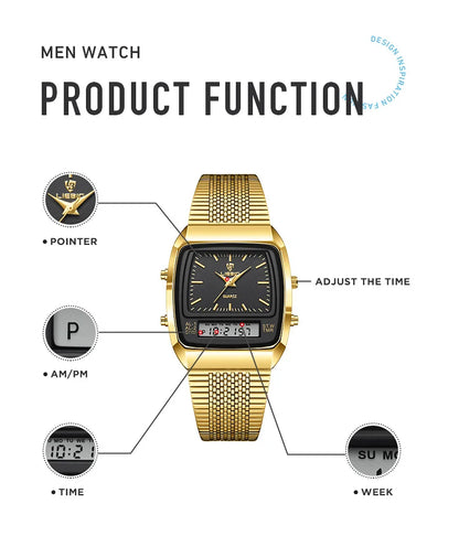 New Fashion Casual Watch Men Digital Dual Time Week Gold Sport 3bar Waterproof Quartz Wristwatches Clock relogio masculino L1030