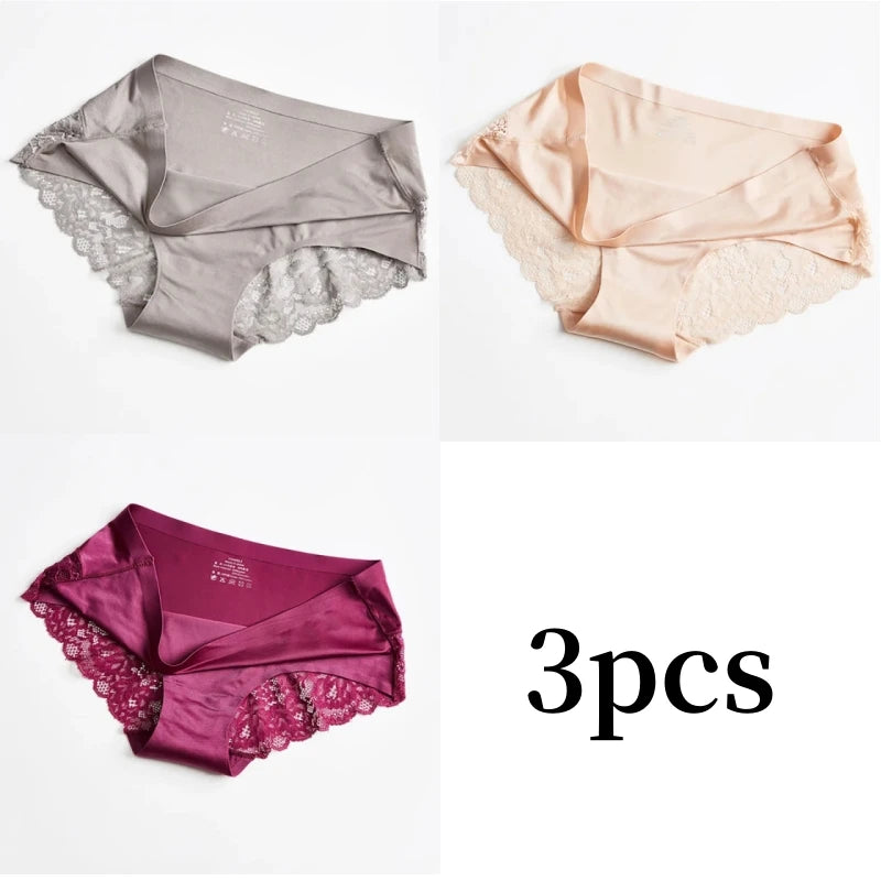3pcs Lace Women's Panties French Seamless Underwear Female Ice Silk Briefs Solid Color Breathable Underpants Lingerie