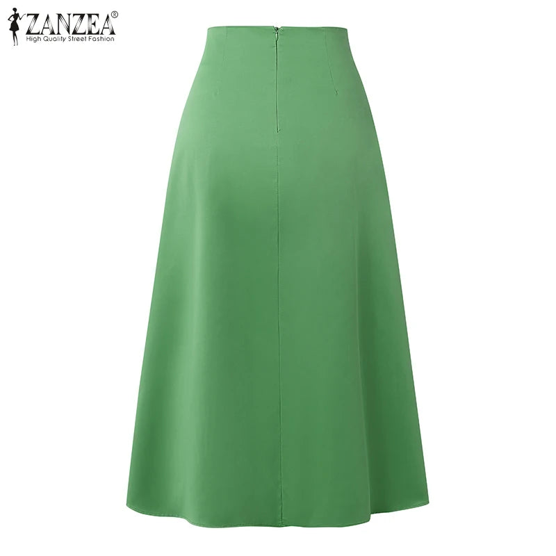 ZANZEA Fashion Holiday Faldas Mujer Casual Women Solid Color High Waist Jupe Femmes Elegant Commute Pleated Front Midi Skirts