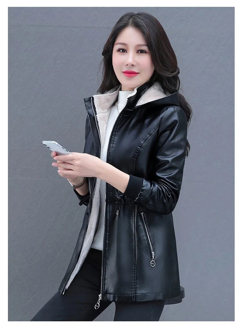 Winter Coat New Fashion Soft Leather Clothes Women's Long Sheep Leather Jacket Plus Velvet Padded Warm Coat