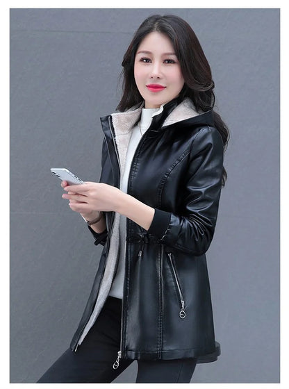 Winter Coat New Fashion Soft Leather Clothes Women's Long Sheep Leather Jacket Plus Velvet Padded Warm Coat
