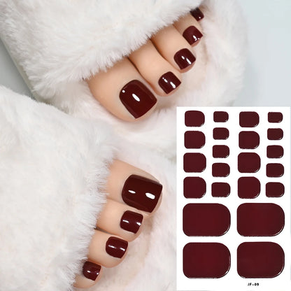 1Sheet=22Tips Glossy Red Toe Nail Stickers Full Cover Solid Color Press On Toenails Patch UV Baking Free Foot Gel Polish Wraps #