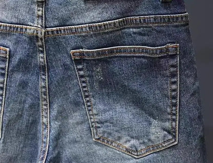 Summer Trendy Brand Handsome Denim Shorts Men's Washed Embroidered Patch Trendy Short Pants Ripped Slim-fit Elastic Middle Pants