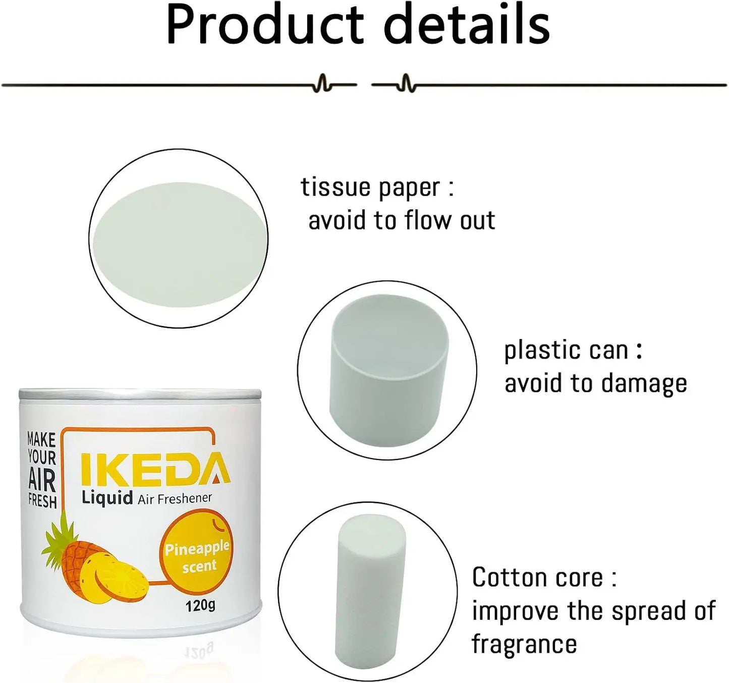 IKEDA 120g Pineapple Air Freshener Liquid, Long Lasting Car Fragrance, Home Office Deodorizer, Eliminates Cigarette Pet Kitchen