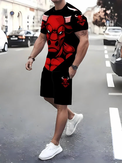 Hot Selling Men's Breathable Casual Short-Sleeved Shorts Set 3D Printed Outdoor Urban Street Top Shorts Casual Two-Piece Set