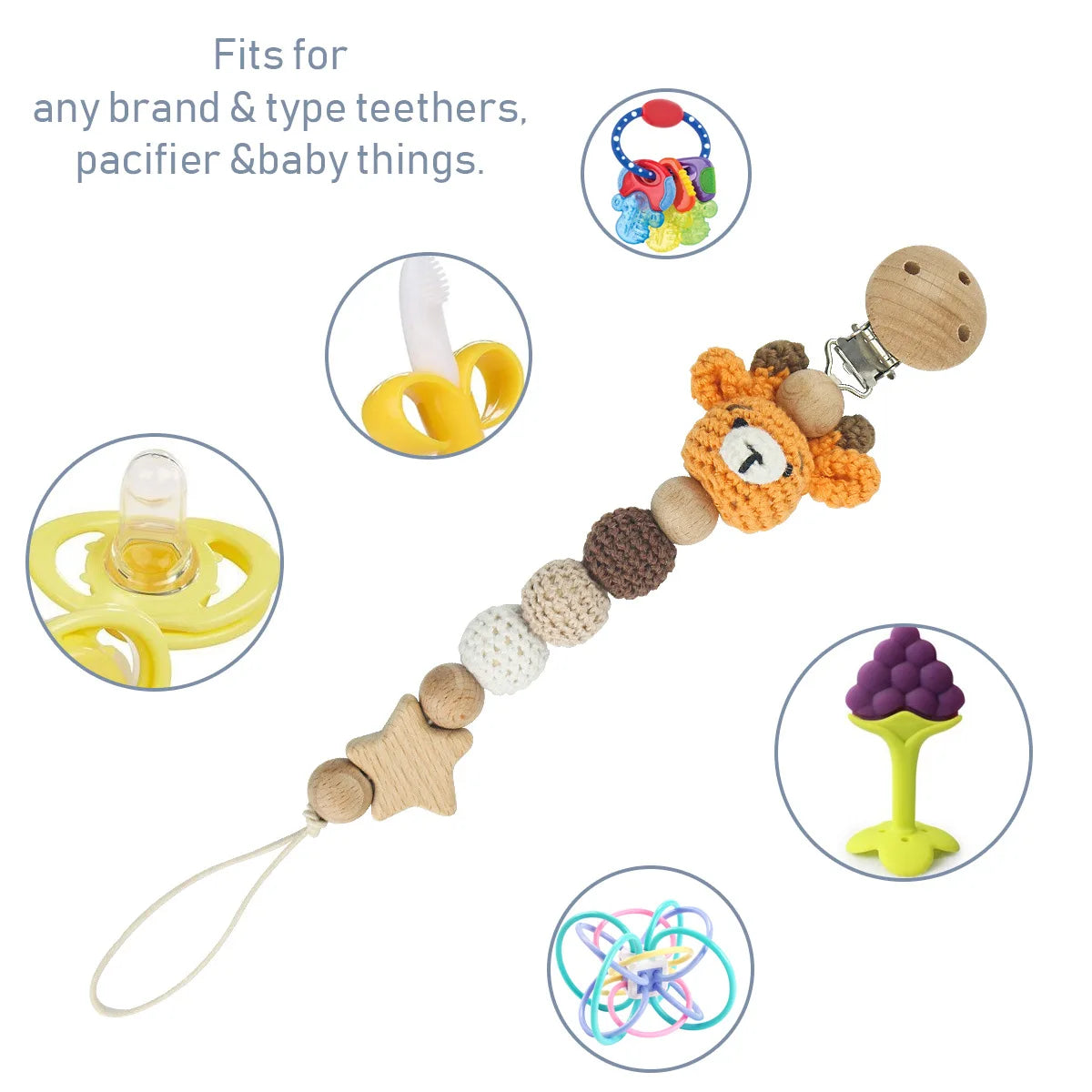 Cartoon Bunny Pacifier Chain Clip Wood Crochet Bear Teething Chain Baby Teether Soother Holder Newborn Chew Toys Pacifier Clips