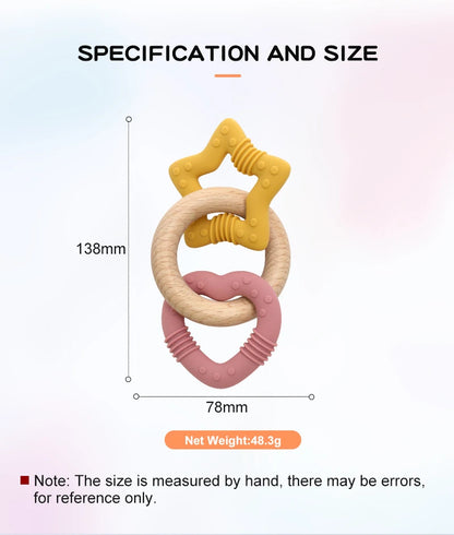 Silicone Star and Heart Teether with Teething Wooden Ring Baby Rattle Toy