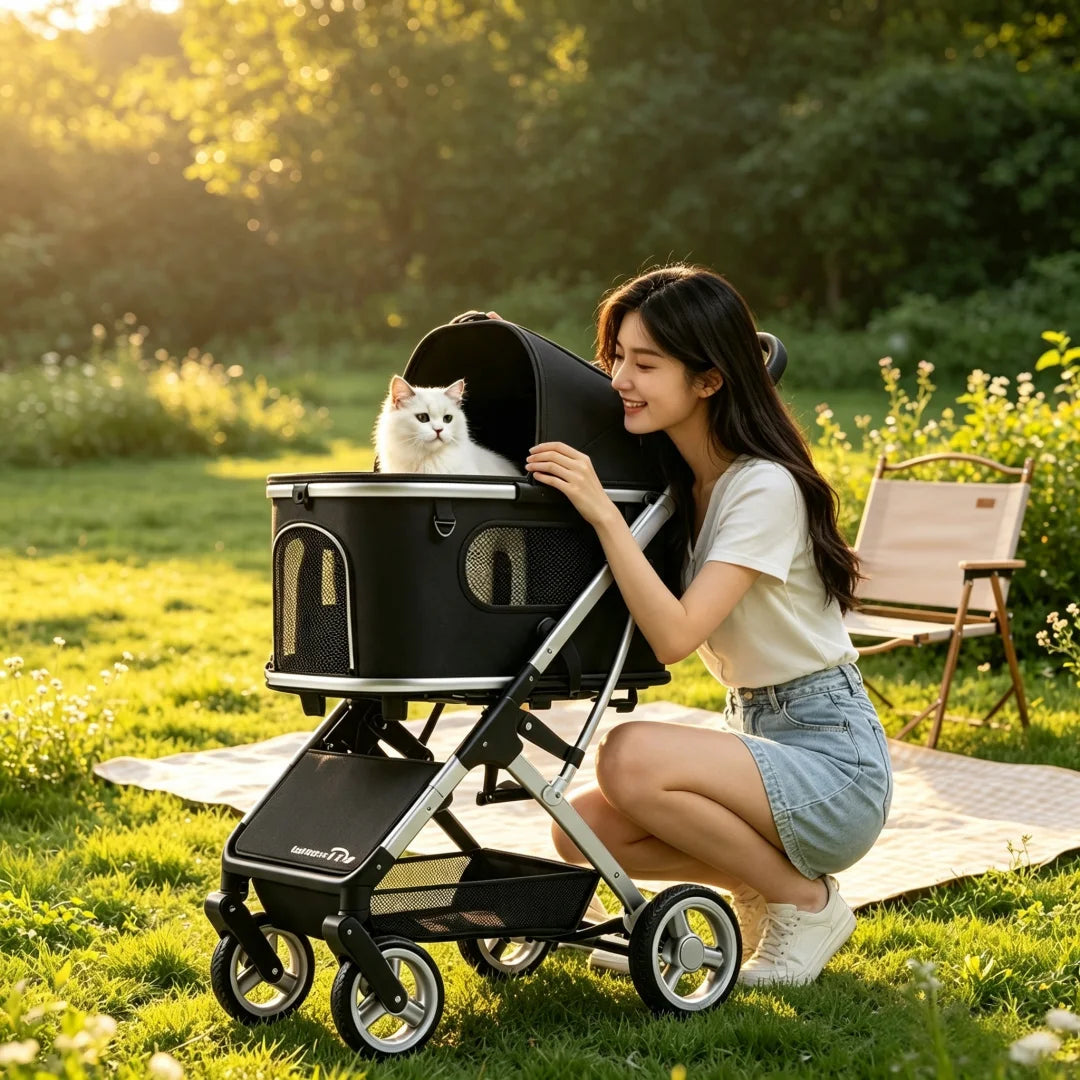 Aluminum Alloy Lightweight Pet Stroller Detachable Carrier One-Click Fold Shock Absorb Dog Cat Outdoor Travel Cart Wholesale