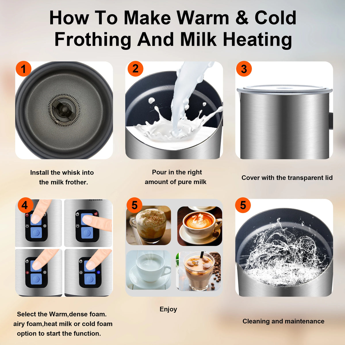 BioloMix Upgraded 4 in 1 Coffee Milk Frother Frothing Foamer Automatic Milk Warmer Cold/Hot Latte Cappuccino Chocolate