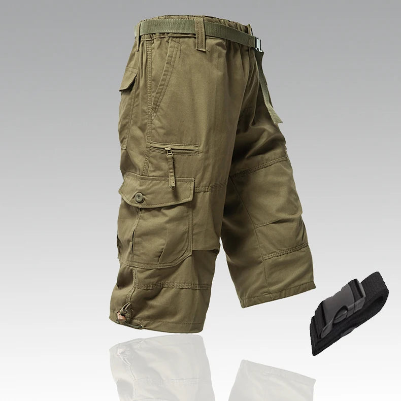 Mens Cargo Shorts 100% Cotton Casual Running Shorts Elastic Waist Hiking Outdoor with a Belt