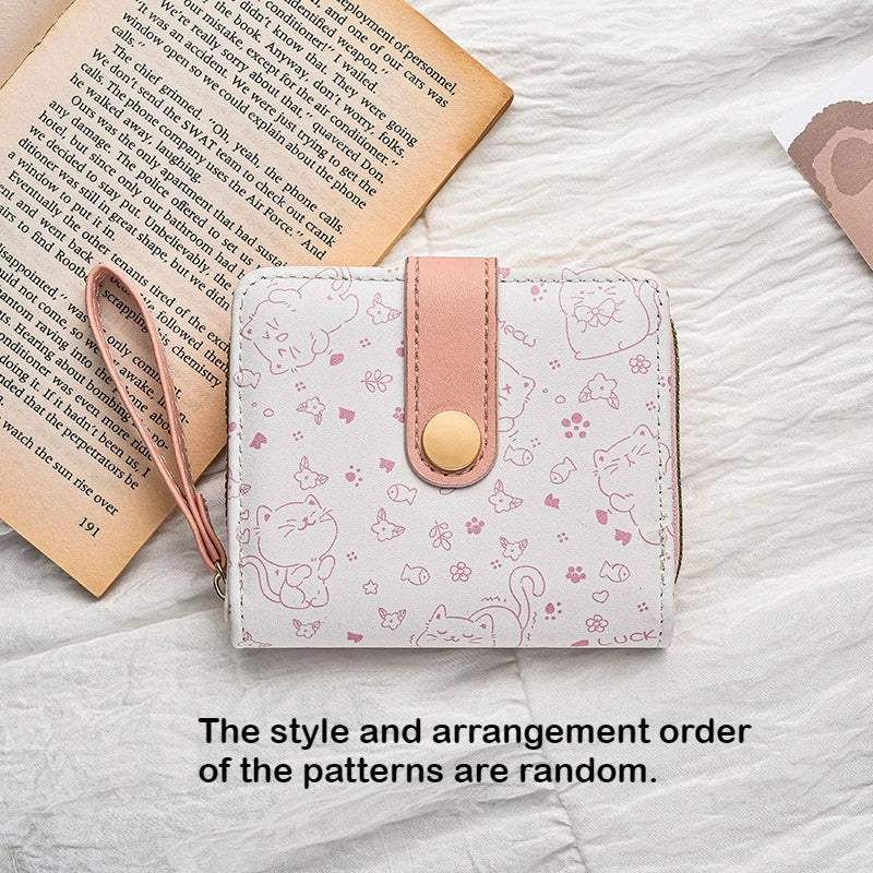 Japanese Cute Cat Girls Wallet Short Student ID Bank Card Holder Money Bag Zipper Wallets For Women Key Storage Purse Coin Purse