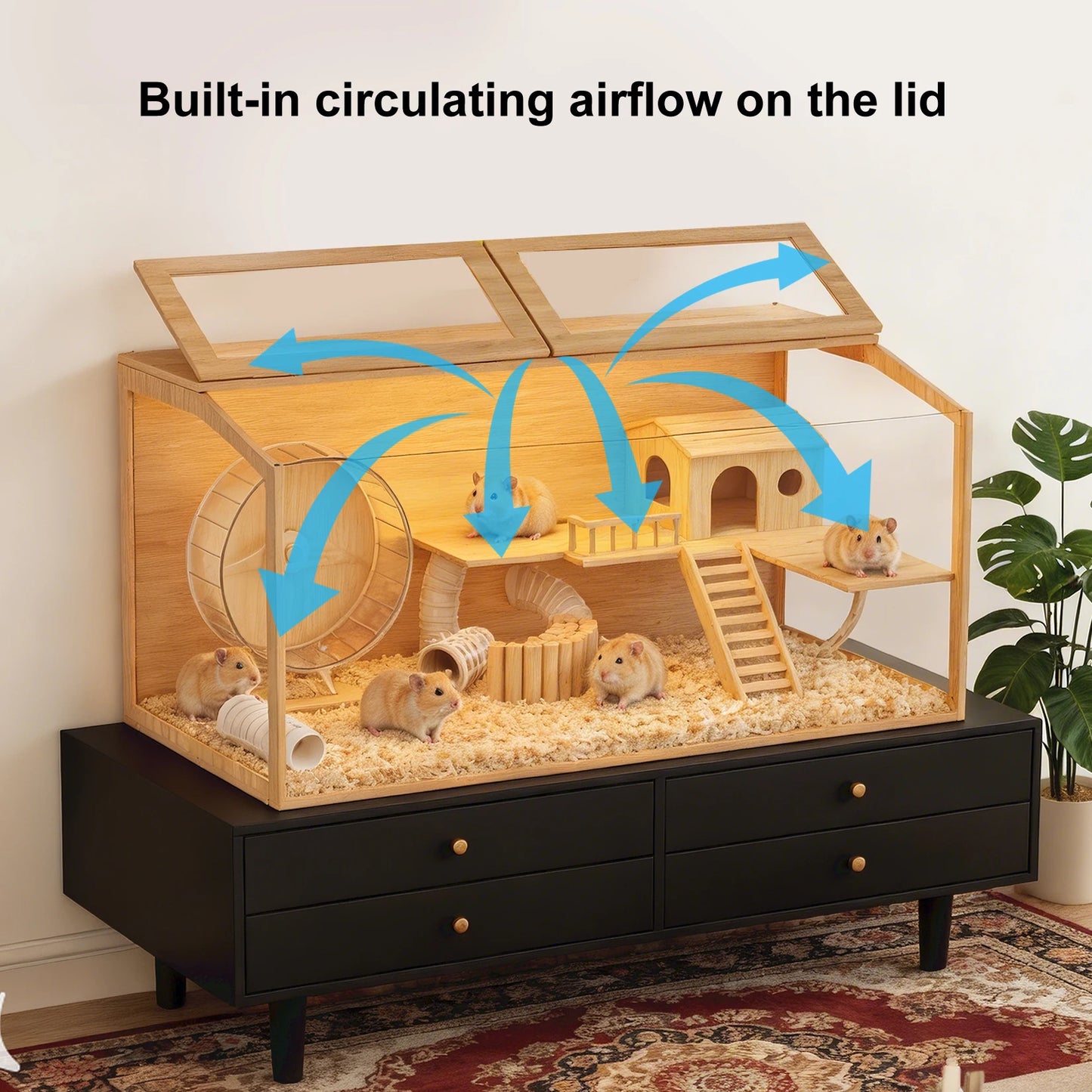 Large Wooden Hamster Cage Clear Tempered Glass Pet Small Animal Habitat Cage Playful Hutch House