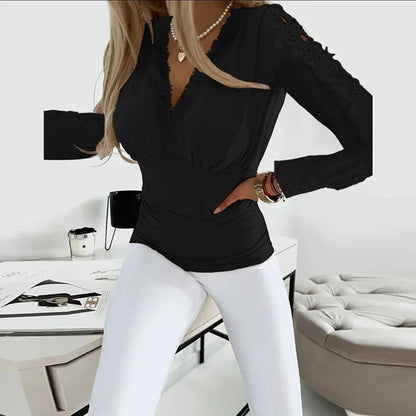 Autumn Women Long Sleeve Blouses Shirt V Neck Lantern Sleeves Elastic Waist Shirts For Women Office Tops