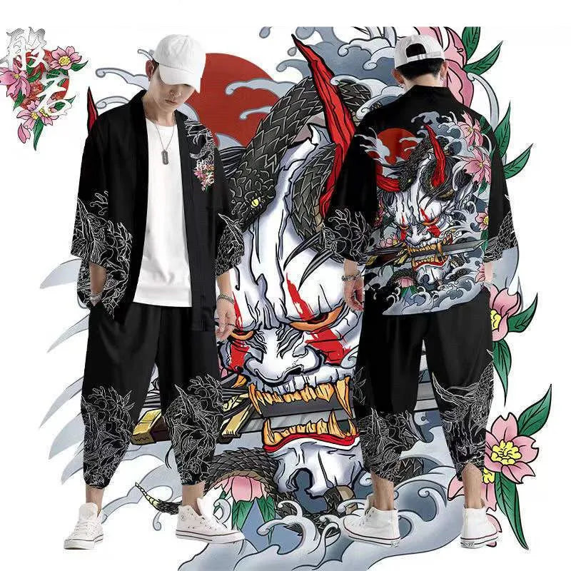 Large Size 5XL 6XL Japanese Kimono Cardigan Pants Set Print Fox Men Women Shirt Tradition Yukata Haori Obi Cosplay Costume