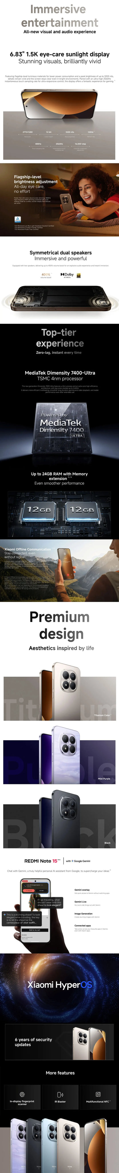 Xiaomi Redmi Note 15 Pro 5G Smartphone, NFC MTK Dimensity 7400-Ultra 6.83" 120Hz Display 200MP Camera 45W Charge Battery 6580mah