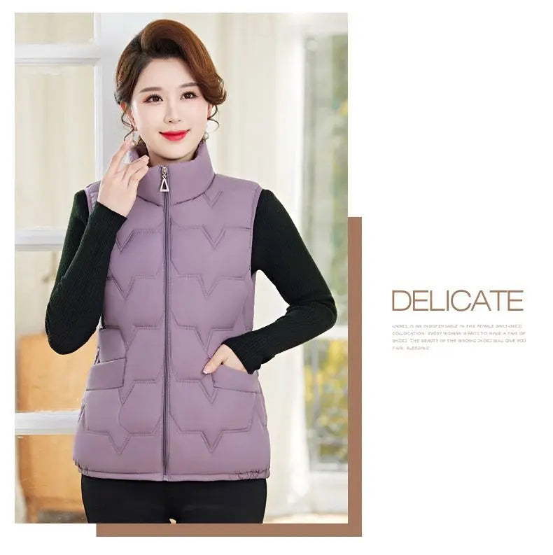 Fashion Women Down Cotton Jackets Vests Solid Stand Collar Zipper Cardigan Thicken Autumn Winter Warm Casual Sleeveless Coats