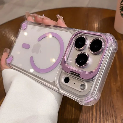 Luxury Transparent Airbag Case For iPhone 17 16 15 14 12 13 Pro Max Plus Air for Magsafe Transparent Camera Stand Holder Cover